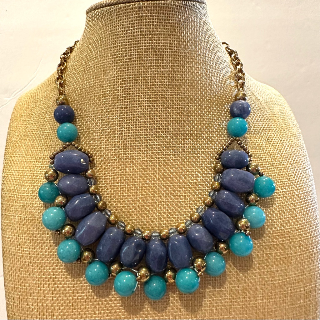 Talbots Statement Necklace Gold Tone W Teal And Blue Glass Stone Beads 28$